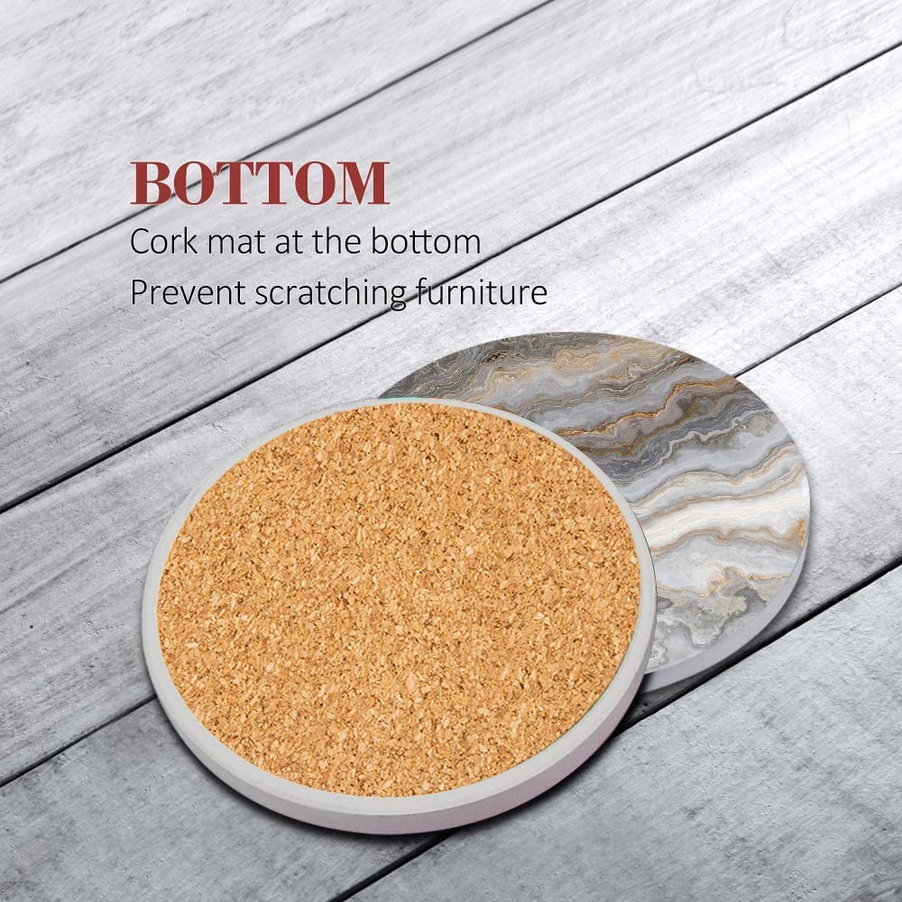 Britimes Coaster For Drinks Set Of 6, Grey Marble Golden Stone Agate Table Absorbent Round Ceramic Stone Mat, With Cork Base And